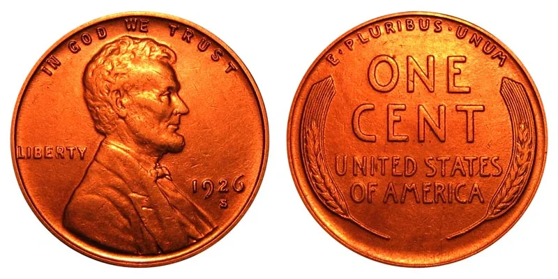 Side-by-side comparison of 1926 Philadelphia (no mint mark) vs 1926-S San Francisco wheat penny showing mint mark difference