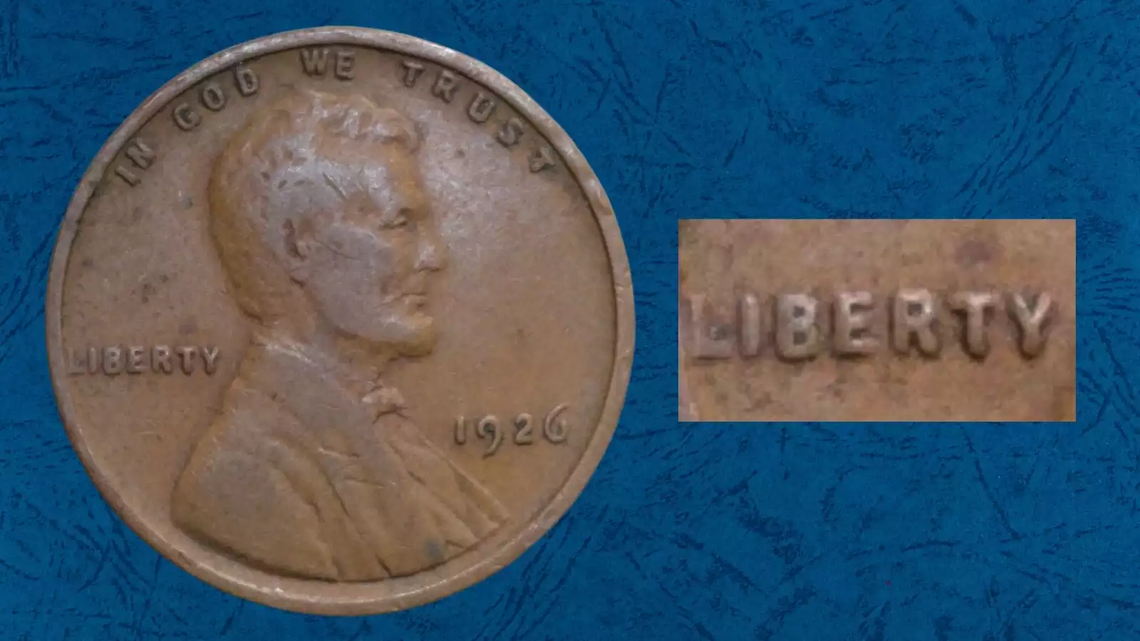 1926 wheat penny Doubled Die Obverse error showing doubling on Lincoln's eyelid under magnification