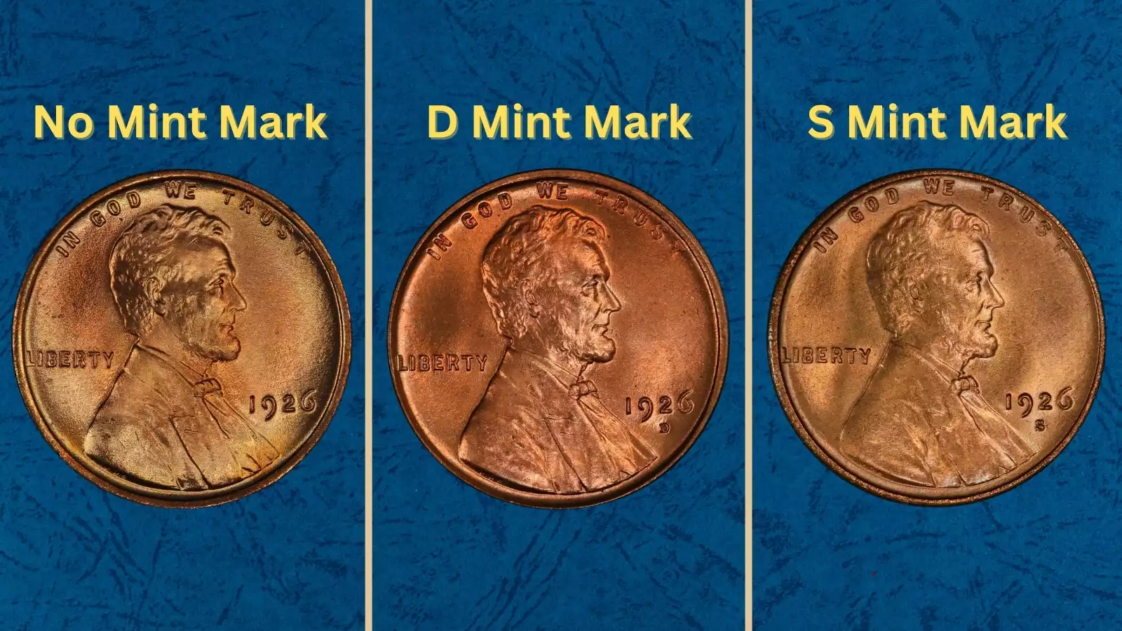 Group display of 1926 Lincoln wheat pennies from Philadelphia, Denver, and San Francisco mints showing all three varieties