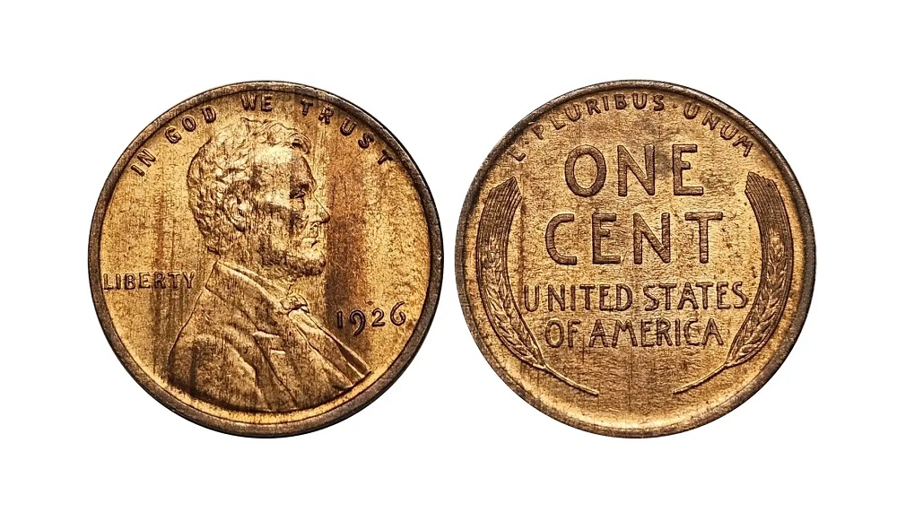 1926 wheat penny grading strip showing four examples from worn Good condition through gem uncirculated Mint State